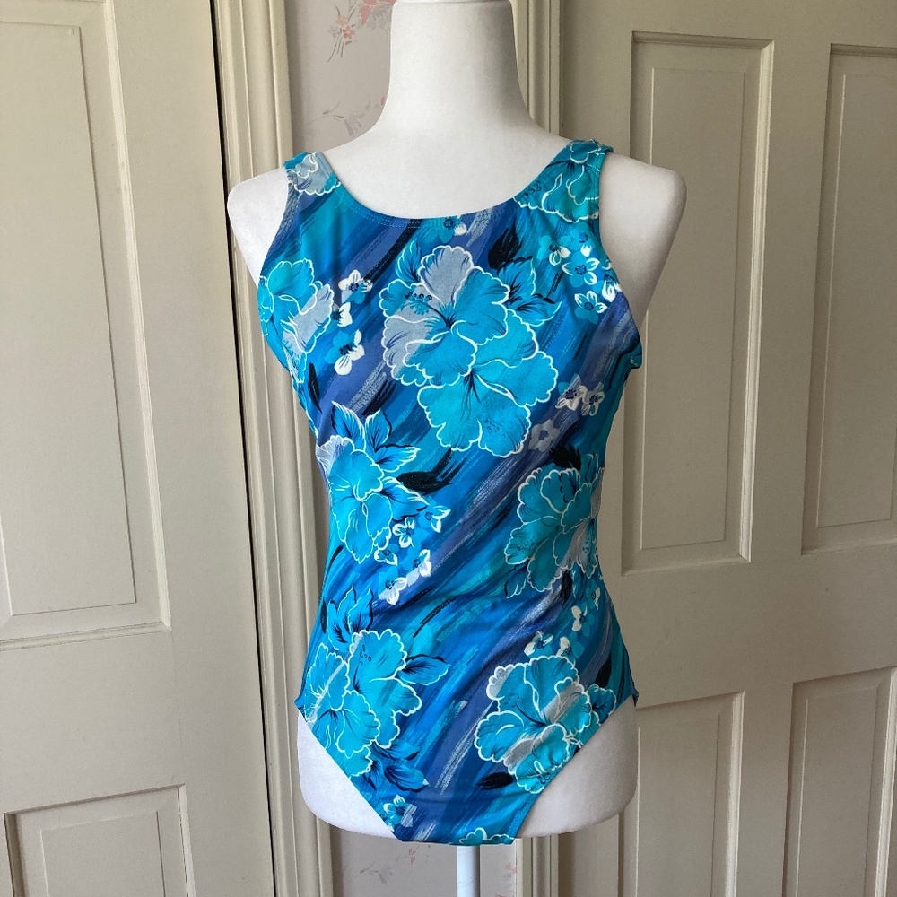 Blue Floral One Piece Bathing Suit w Keyhole Back